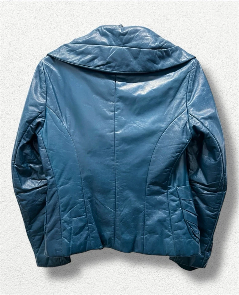 Chaqueta Blazer Donna Karan Cuero Motociclista Moto Piel de Cordero Italiano Azul EE. UU. Talla 6 Foto 2 de 4