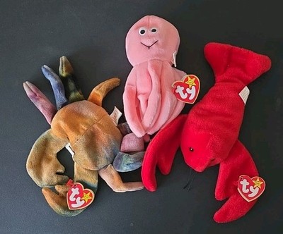 Ty Retired Beanie Baby Lot of 3 Inky Pinchers Claude Octopus Lobster Crab