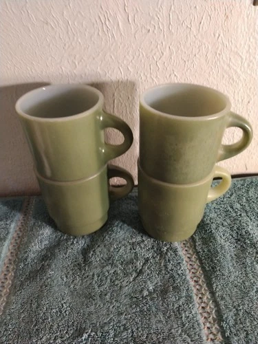 4-Vintage Fire King Anchor Hocking  Avocado Green Stacking Coffee Mugs