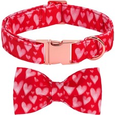Dog Collars, Valentine's Pet Collar Pink Love-Heart Cotton Collar with Bow Ti...