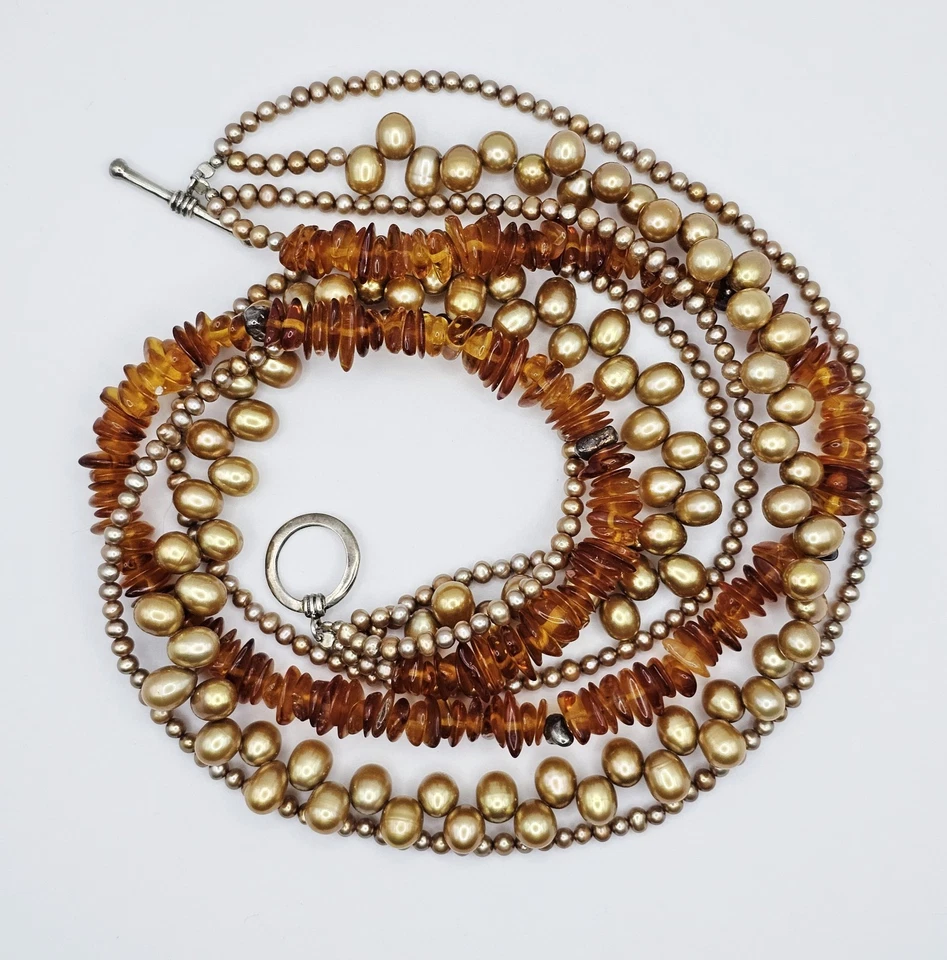 Collar Vintage Plata Esterlina Ámbar Perla Cuentas Multistrand Declaración Israel Foto 2 de 4