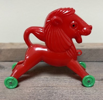 Vintage Rosen Tico Hard Plastic Red Lion Pull Toy Candy Container Sucker Holder