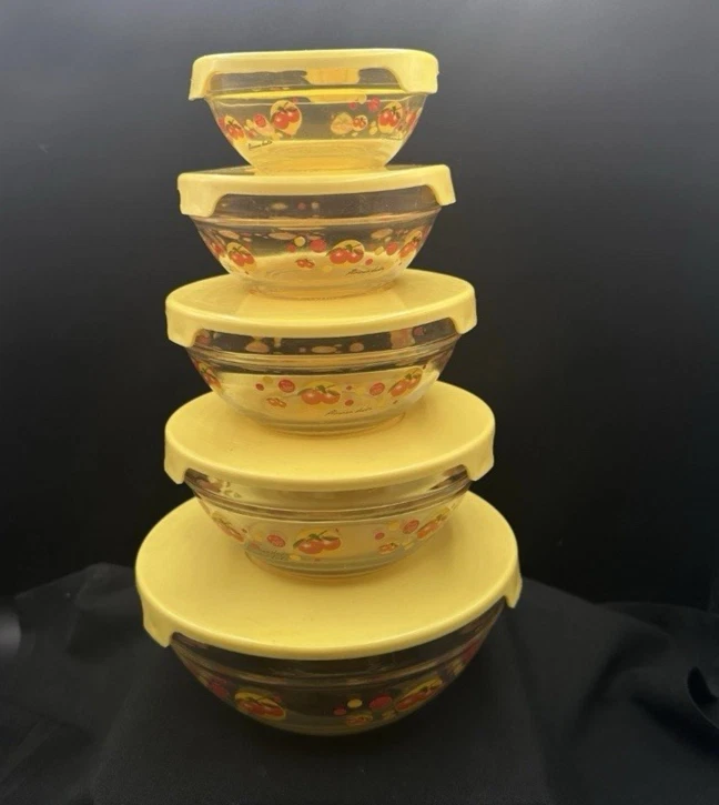 Vintage 5 Piece Set of Flower Tomato Themed Glass Nesting Bowls w/ Lids NEW NOS!
Opens in a new wind