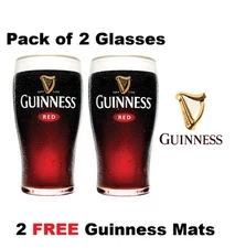 2 x Guinness Red Pint Glass Guinness Red Glass Guinness Pint Glasses Guinness
