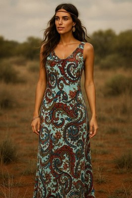 NWT 2OH Boho Silk Blend Paisley Maxi Dress Velour Texture Hippie Style Fully Lin