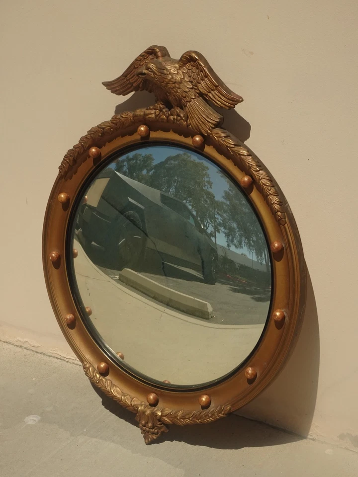 Antique Federal 13 Colonies Eagle Bullseye Convex Gold Wall Mantle Mirror #2 - Image 3 of 4