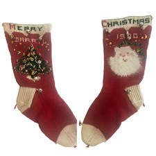 Vtg 1970 Hand-Knitted Wool Christmas Stocking 2 Sided Santa/Xmas Tree Stocking