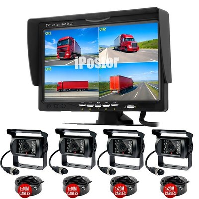 Quad Split Screen 7'' HD Monitor & 4 Cam Backup Kit for Heavy Truck Rv Trailer