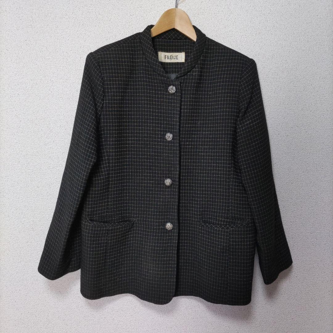 Black Check Pattern NoCollar Jacket Silver Button… - image 1