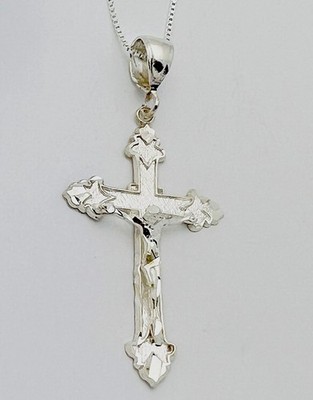 925 Sterling Silver 7.3 Gram  D/Cut Textured Crucifix Cross Necklace 24 