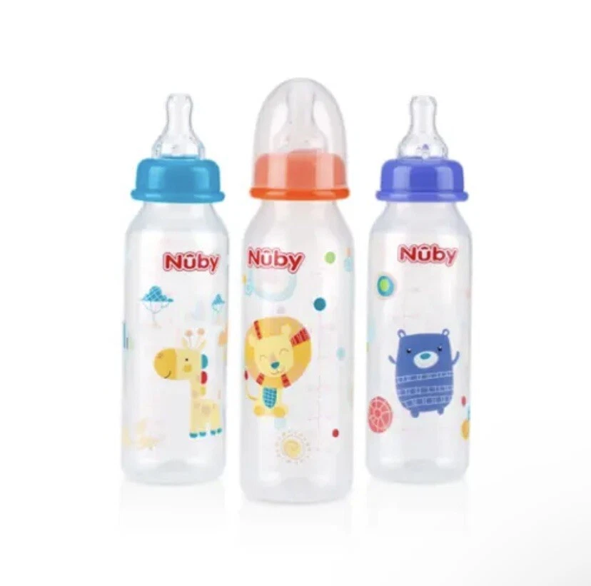 Mamadeiras Nuby pescoço padrão sem gotejamento 8 oz - Pacote com 3 - Anticólicas - Novas estampas - Imagem 3 de 4
