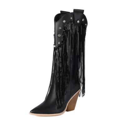 Womens Pointed Toe Knee High Boots Tassels Western Cowboy