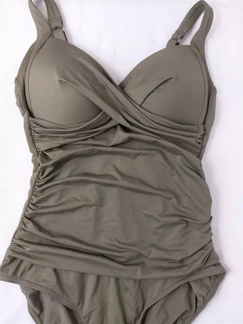 New Ex M&S Tummy Control Padded Non Wired Wrap Plunge Lined Swimsuit Khaki  8-24