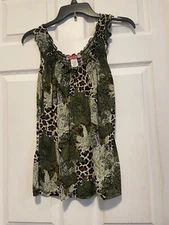 CAROL ROSE top shirt shell M 10 Bust 42 Length 27 Olive Green Multi Modern