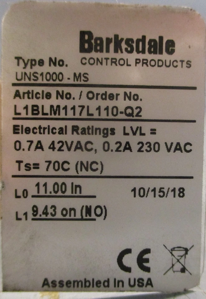 Interruptor de flotador Barksdale Control Products UNS1000-MS L1BLM117L110-Q2 Foto 3 de 4