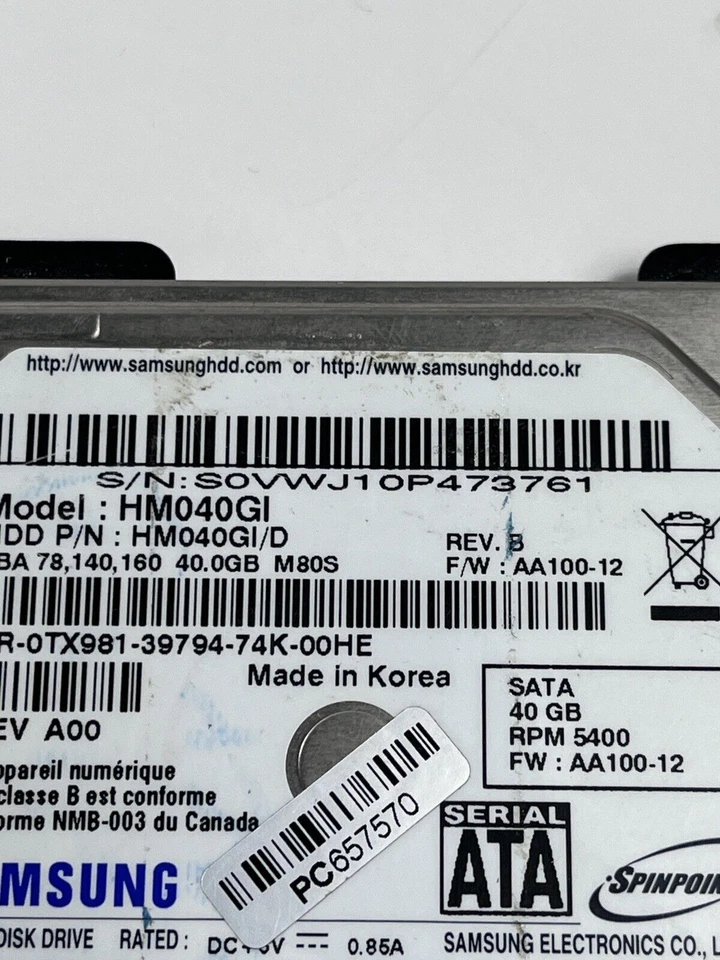 HM040GI Samsung 40GB SATA 2.5in 9.5mm Hard Drive - Image 2 of 4
