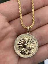 14k Gold Plated 925 Silver Virgin Mary Baby Jesus Coin Medallion Pendant CZ
