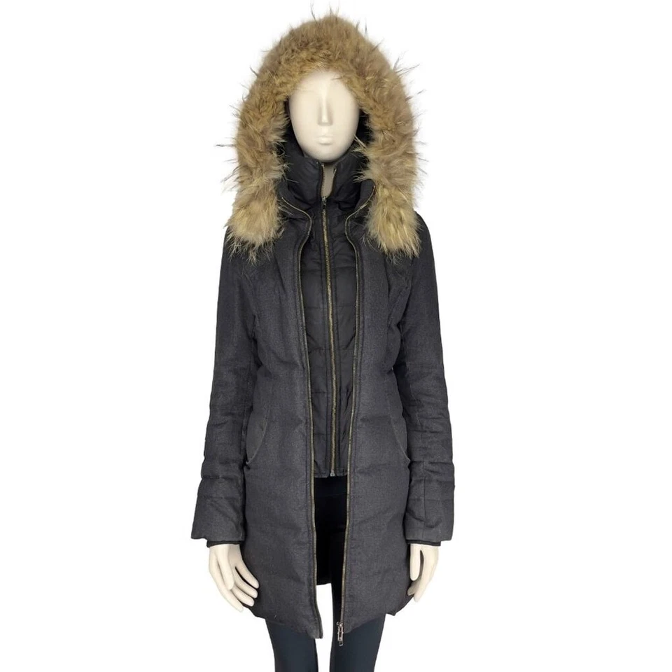 Abrigo de invierno SOIA & KYO plumón súper cálido de piel con capucha de longitud media gris talla pequeña Foto 2 de 4