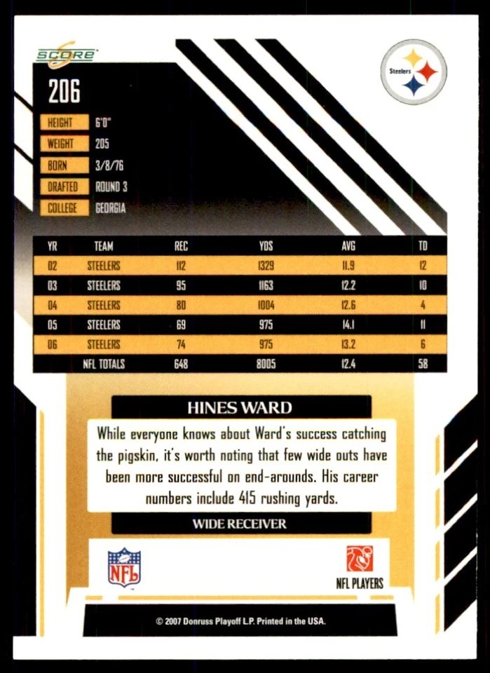 2007 SCORE HINES WARD PITTSBURGH STEELERS #206 - Image 2 of 2