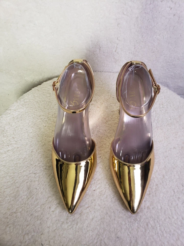 Zapatos de cuña Rouge para mujer de tacón 11 charol dorado con correa en el tobillo punta Foto 3 de 4