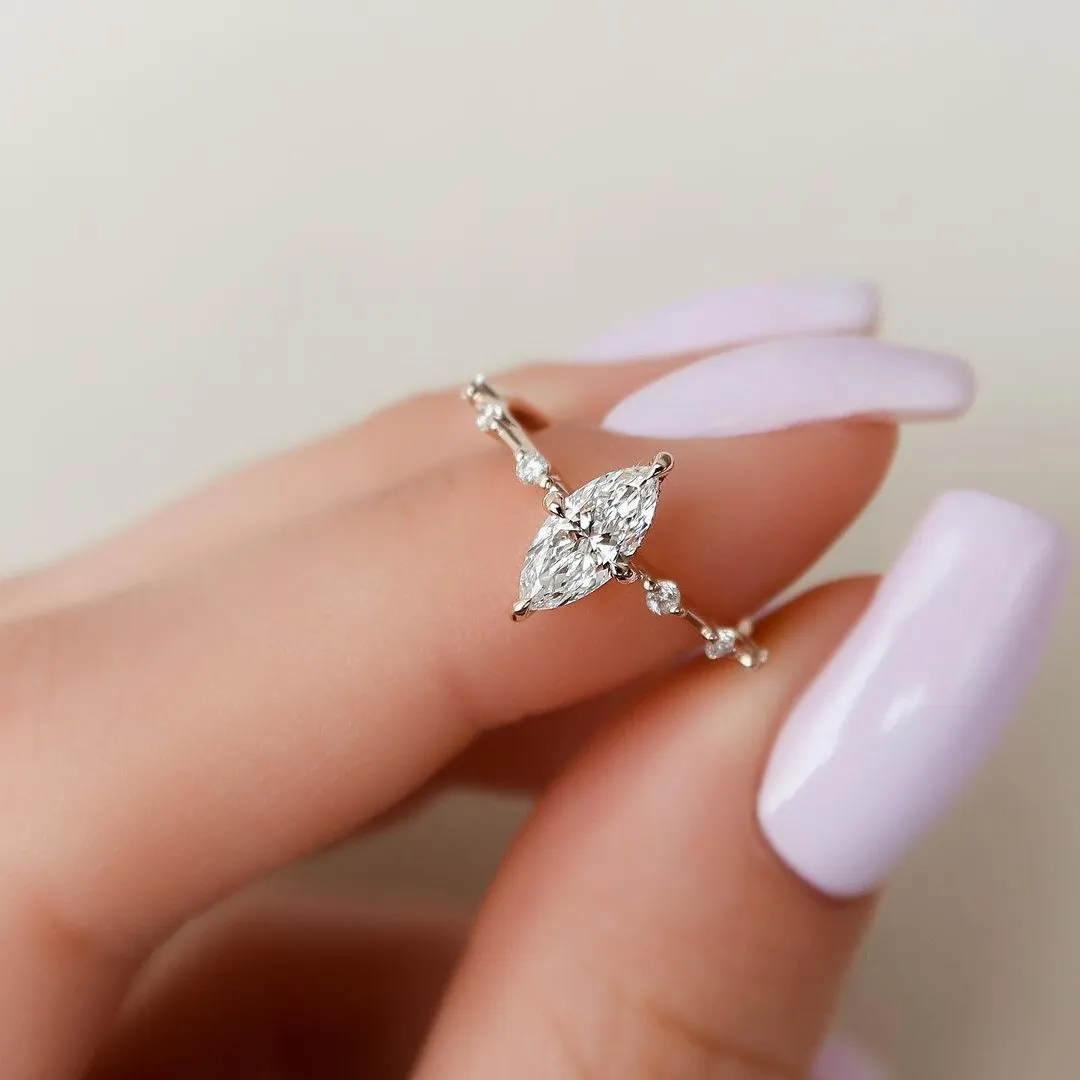 1.00ct Marquise Moissanite 14K Gold Diamond Halo Engagement Ring