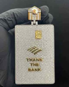 Authentic 3.40Ct Round Cut Simulated Diamond Bank Card Pendant 2.5" Yellow Gold Plated