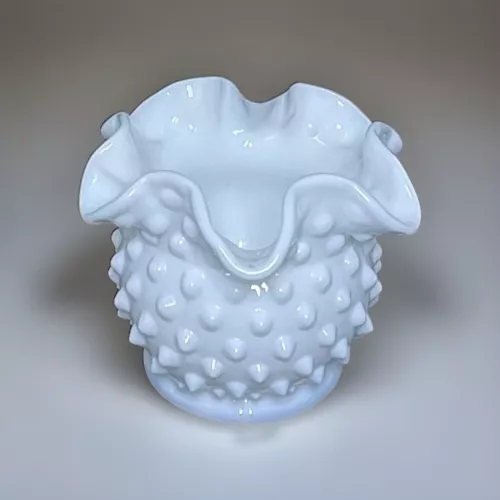 Fenton Vase White Milk Glass Hobnail Ball Ruffle Edge Scalloped 3" Vintage