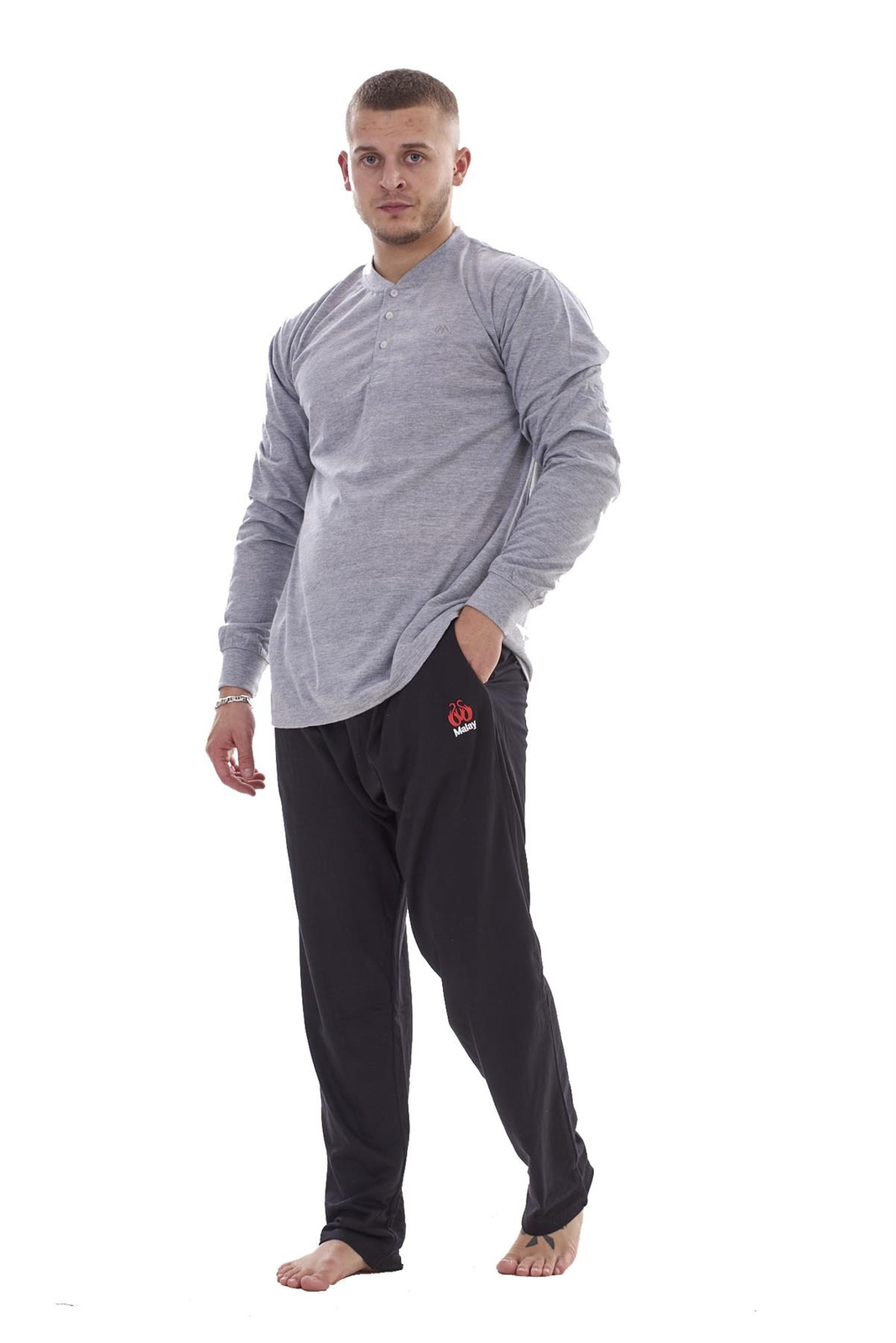 Mens Pyjama Set Cotton Jersey Henley Top Loungewear Lightweight