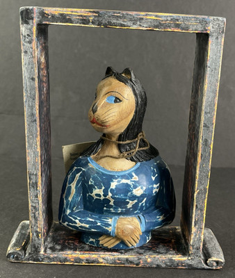 Cat Face Woman Torso Carved Wood Anthropomorphic Folk Art Figurine Mona Lisa Cat