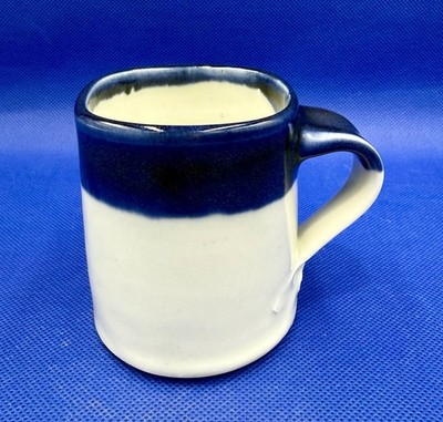 Handmade Studio Pottery Espresso 6 oz Mug Drip Glaze Blue And White (signed)