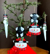 (4) Vintage "Snowman Head" Christmas Ornaments - 2 Wood (7.5")/2 Resin (8")