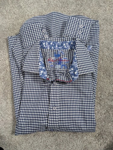 Robert Graham Shirt Men's M Button Down Flip Cuff Navy Houndstooth Long Sleeve - Picture 11 of 13