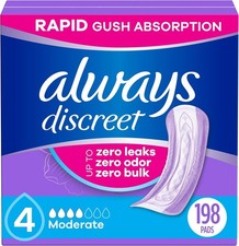Always Discreet Incontinence & Postpartum Pads, Moderate Absorbent, 198 Count