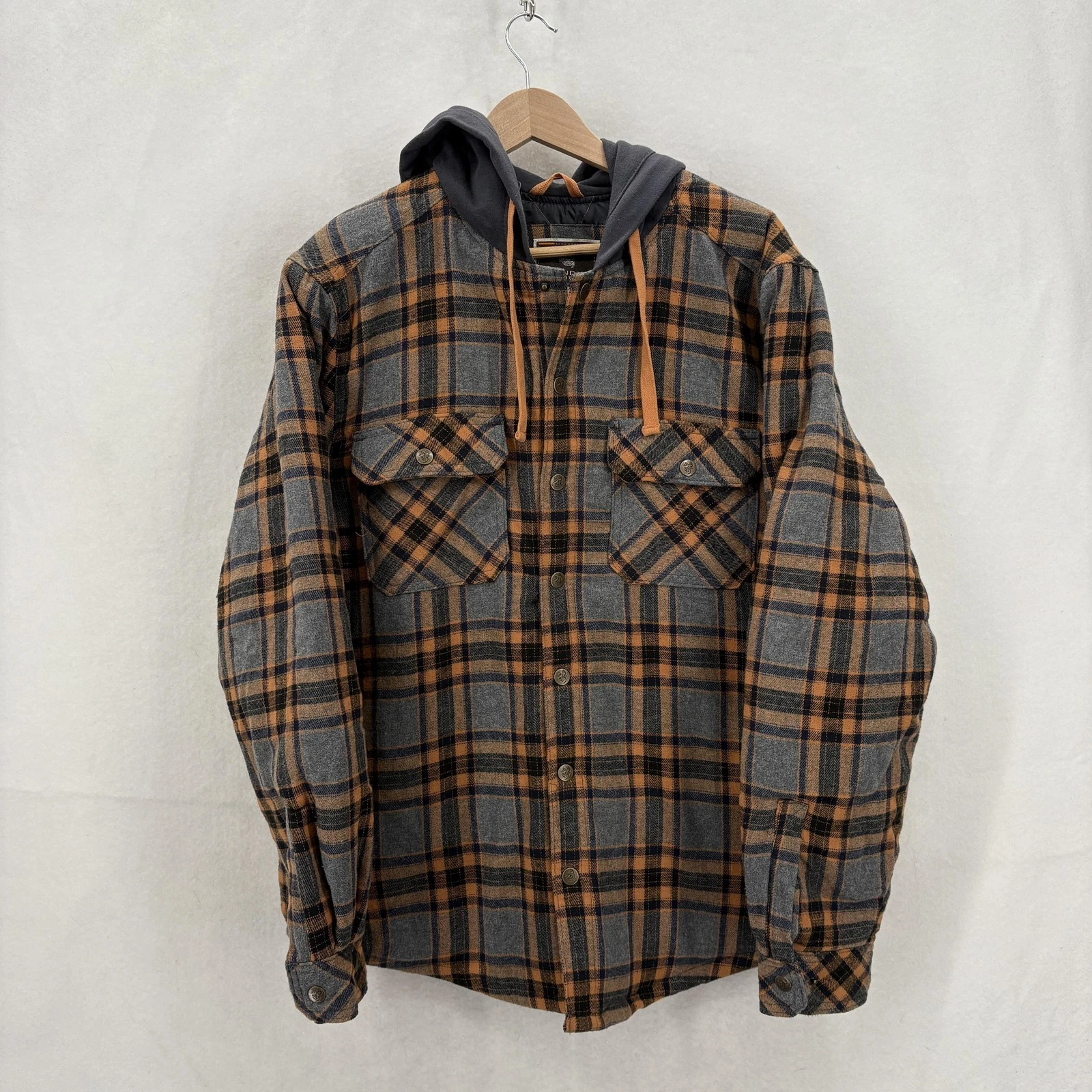 Legendary Outfitters Jacket Mens Medium Brown Plaid Flannel Hooded Quilted Lined
