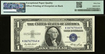 RARE: $1 1935-E Silver Cert OFFSET OF OVERPRINT ON BACK PMG Ch Unc