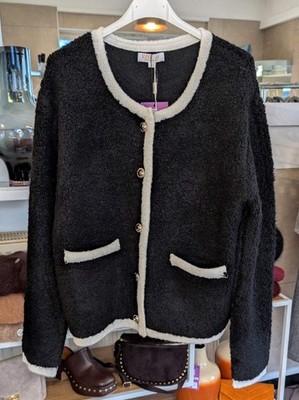 Cardigan Damen Strickjacke Bouclé Schwarz Weiß Goldknöpfe Viskose - EFFENY