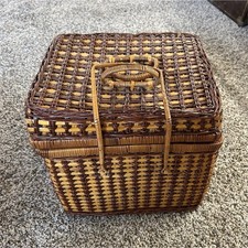 Wicker Picnic Basket Set for 4 with Plates, Mugs, Flatware, Blue Checked Lining