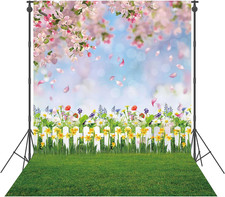 5X7Ft Spring Easter Backdrop Green Grass Colorful Flowers Fence for Photography