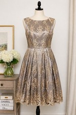 Eliza J Dress Womens 14 Lace Fit Flare Cocktail Wedding Guest Taupe Gold Festive