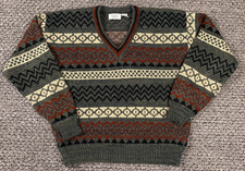 Vintage 90s Grandpa Chunky Knit Pattern Sweater V Neck Adult Large Retro Cottage
