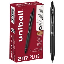 Uniball 207 Plus Gel Pens Black 0.7mm Medium Point 12 Count Retractable