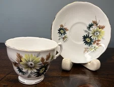 Royal Vale Cup Saucer Bone China Made In England  Yellow Blue Floral Group Gold