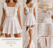 LoveShackFancy Stella Eyelet Lace Ruffle Mini Dress XS White Embroidered