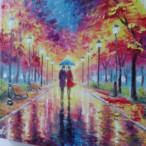 Original Oil Painting Vibrant Autumn Park Scene Couple Umbrella Canvas Wall Art - Picture 18 of 24