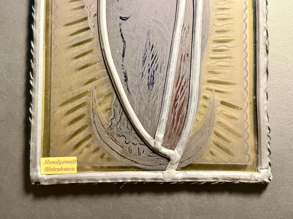 Antique German Hand Painted Lead Frame Stained Glass Madonna & Child Window Art - Image 3 of 4