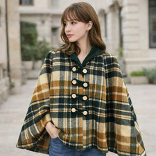 Vintage Green Beige Brown Plaid Soort Cape S/M