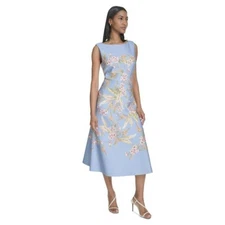 Halston Placed Floral Sleeveless Flare Midi Dress - Blue 8