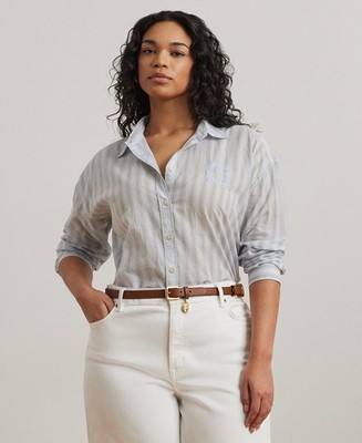 Lauren Ralph Lauren Plus Size  Oversize Striped Cotton Voile Shirt Size 2X  3X