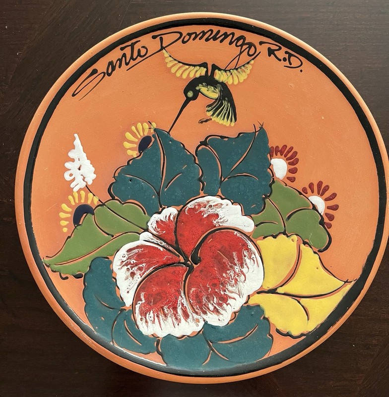 Santo Domingo Signed Redware Clay Pottery Wall Plate Hibiscus Humming Bird