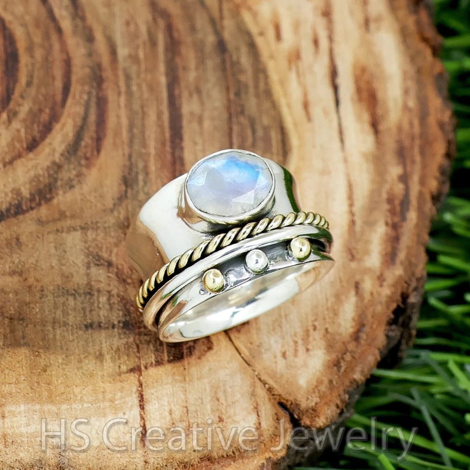 Dos Tonos - Piedra Lunar Facetada 925 Plata Esterlina Anillo Giratorio Joyería para Mujer Foto 3 de 4